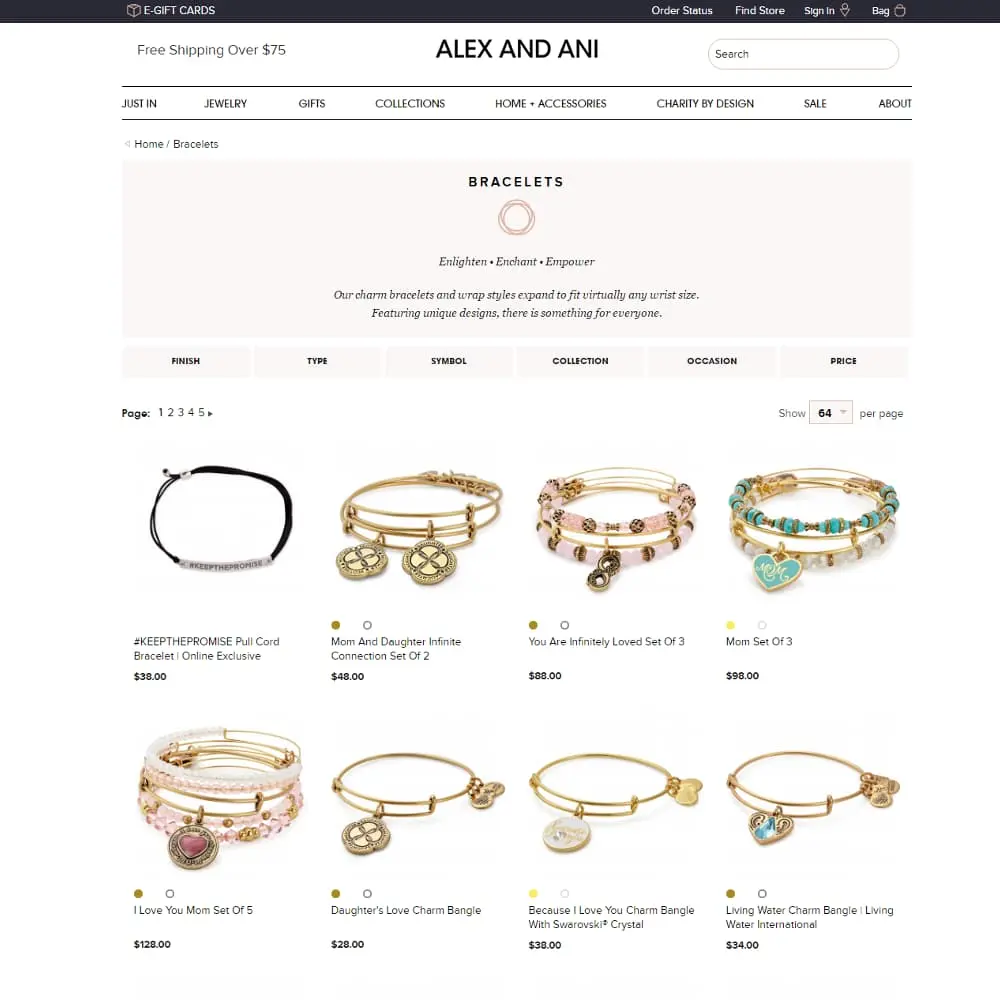 Alex and Ani website after feature implementations and redesign.